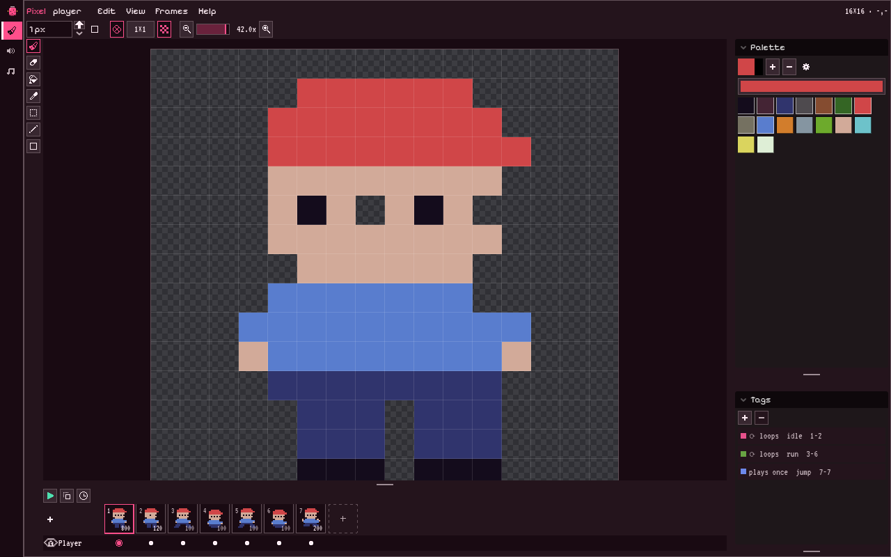 The Pixel tab in the Godot dock, the platformer's player on the canvas with its frames along the bottom