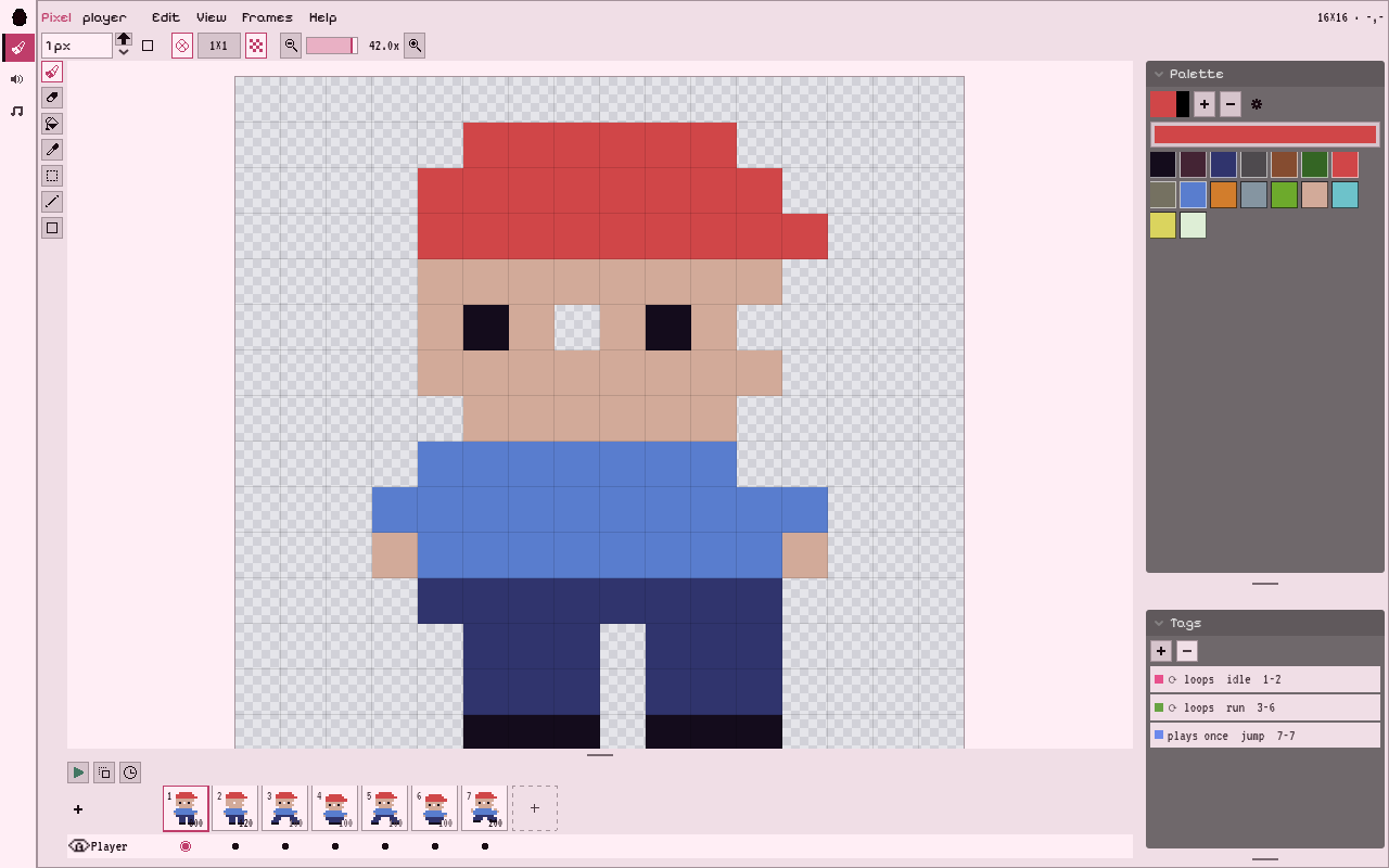 The Pixel tab in the Godot dock, the platformer's player on the canvas with its frames along the bottom