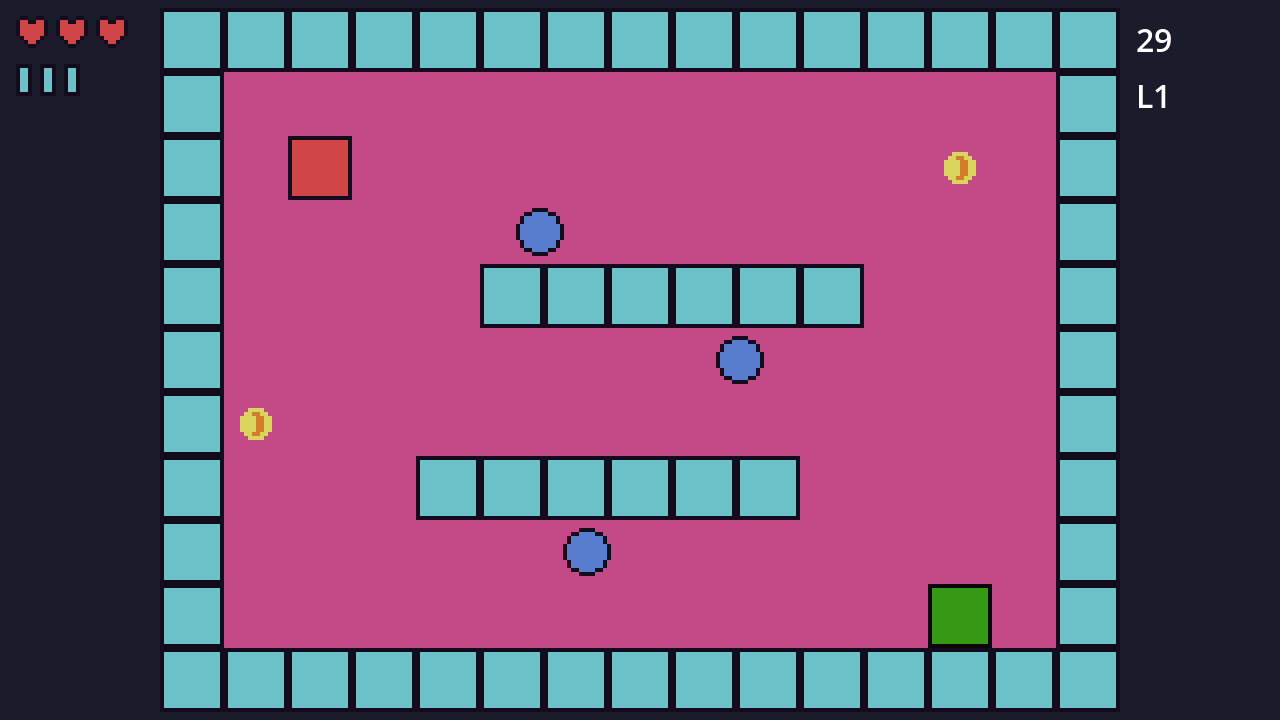 Level 1 of whg-experiment: a red square, three blue circles on fixed paths, two coins and the green goal, on a pink floor walled with teal tiles